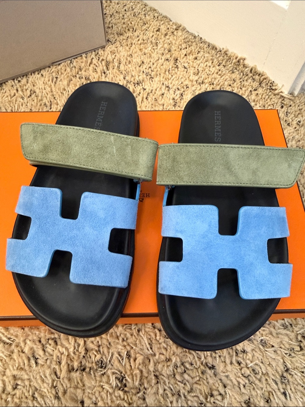 Hermès Blue & Olive Suede Chypre  Sandals